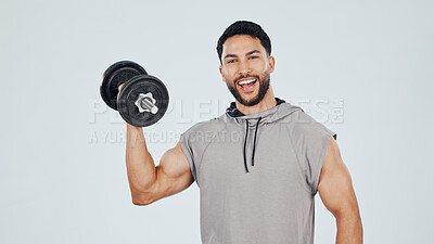 Buy stock photo Portrait, man and bodybuilder in studio with dumbbell, workout or strength training for muscle growth. Happy, person and weightlifting with gym equipment, exercise or bodybuilding on white background