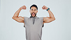 Flexing, muscles and portrait of man in studio for fitness, bodybuilding or strength workout for confidence. Scream, health and person with pride for bicep growth with exercise by white background.