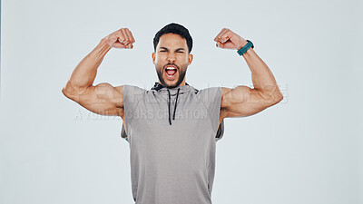 Buy stock photo Flexing, muscles and portrait of man in studio for fitness, bodybuilding or strength workout for confidence. Scream, health and person with pride for bicep growth with exercise by white background.