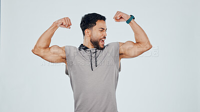 Buy stock photo Flexing, muscles and man in studio for fitness, bodybuilding or strength workout for confidence. Wellness, health and male person with pride for bicep growth with exercise by white background.