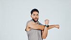 Portrait, man and stretching in studio with fitness, exercise preparation or training for bodybuilding. Mockup space, person and bodybuilder with warm up, workout and wellness on white background.