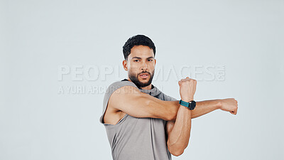 Buy stock photo Portrait, man and stretching in studio with fitness, exercise preparation or training for bodybuilding. Mockup space, person and bodybuilder with warm up, workout and wellness on white background.