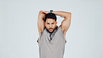 Portrait, stretching and serious man in studio with fitness, exercise and training for bodybuilding. Mockup space, male person and bodybuilder with warm up, workout and wellness on white background.