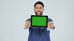 Nurse, tablet or portrait of happy man with green screen in studio for advertising or Telehealth app. Male person, healthcare worker or smile with technology mockup for marketing on white background