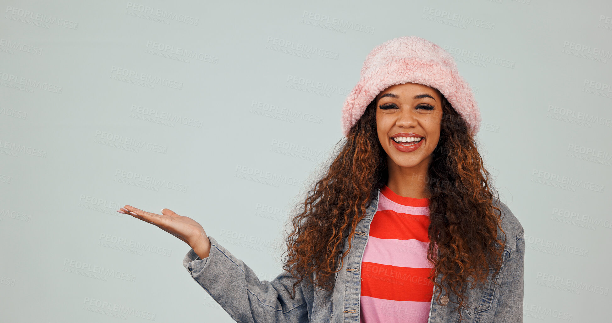 Buy stock photo Portrait, hand and woman by mockup space for offer, news or announcement for advertising in studio. Happy, menu and person with presentation gesture for information with marketing by white background