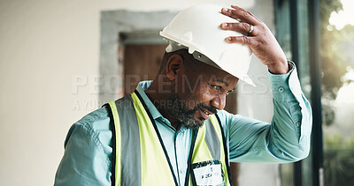 Buy stock photo Helmet, construction or black man in building for inspection, evaluation or check for safety compliance. Civil engineer, architect or mature person with ppe for planning, renovation project or review