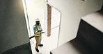 Tablet, construction site and black man for inspection, evaluation or check for safety compliance. Above civil engineer, architecture and person with tech for planning, renovation project or review