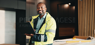 Buy stock photo Laptop, portrait and black man for construction inspection, evaluation or check for safety compliance. Mature civil engineer, architecture and person with tech for smile, renovation project or review