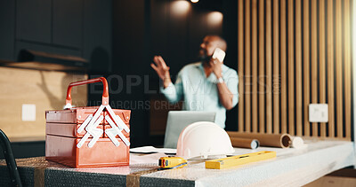 Buy stock photo Black man, home and toolbox for kitchen, renovation or real estate maintenance. Person, call out and layout inspection for architectural planning in house with property remodeling, upgrade or project