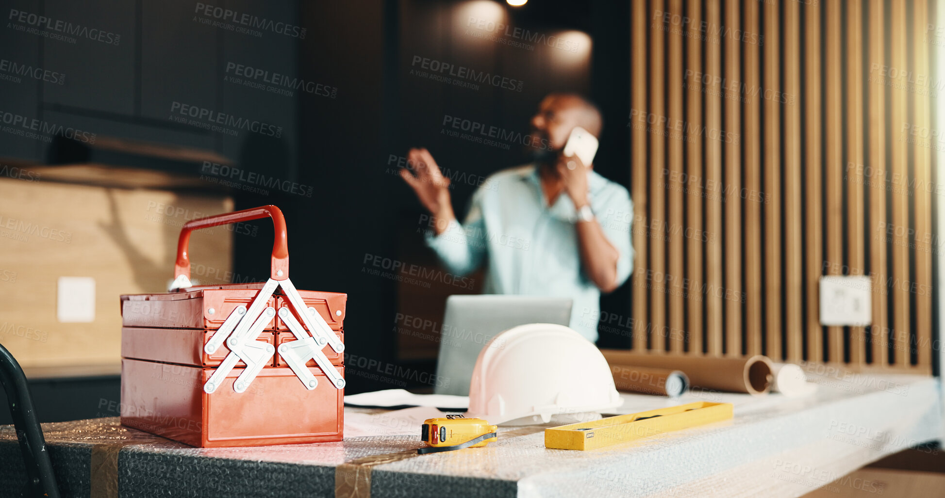 Buy stock photo Black man, home and toolbox for kitchen, renovation or real estate maintenance. Person, call out and layout inspection for architectural planning in house with property remodeling, upgrade or project