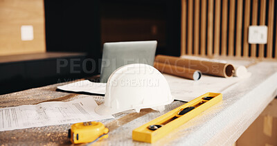 Buy stock photo Construction, blueprint and helmet with laptop for renovation, building design or planning. Architecture, equipment and floor plan on site for real estate development, safety gear or drafting