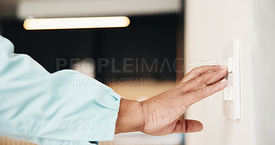 Buy stock photo Hands, electrician and man with light switch, test and remodeling with maintenance. Closeup, person and specialist with fixture, renovation or engineering with contractor for home or system repair