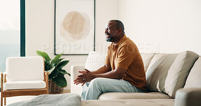 Buy stock photo Happy, sofa or black man watching tv in home for comfort, funny movie or entertainment. Excited, male person or relax with smile on couch for online subscription, series or streaming network in house