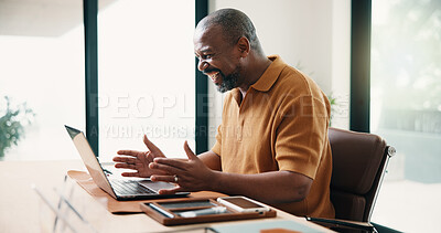 Buy stock photo Laughing, freelancer and man with laptop in home office, wealth manager and reading good news on web. Financial advisor, online and mature black person with tech, remote work and excited in house