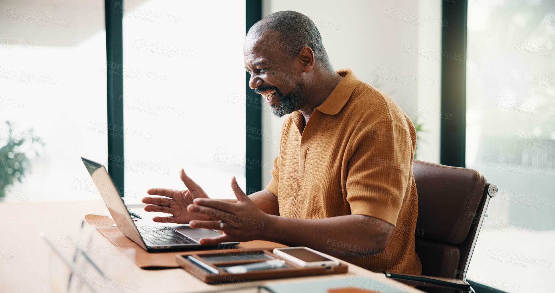 Buy stock photo Laughing, freelancer and man with laptop in home office, wealth manager and reading good news on web. Financial advisor, online and mature black person with tech, remote work and excited in house