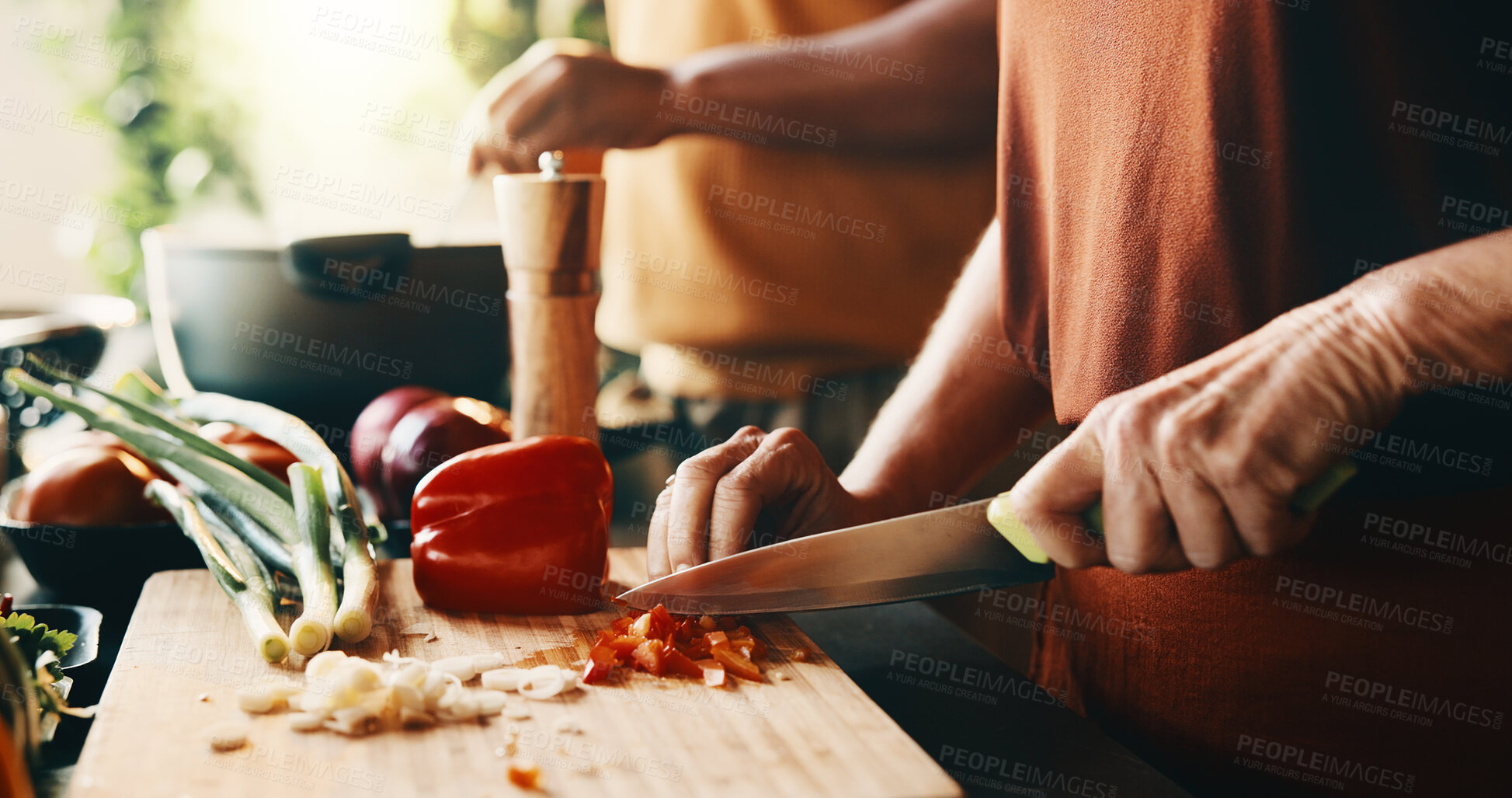 Buy stock photo Kitchen, vegetables and hands of couple for cooking, cuisine and meal prep for dinner or lunch. Marriage, home and people with knife, ingredients and cutting for recipe, culinary skills and help