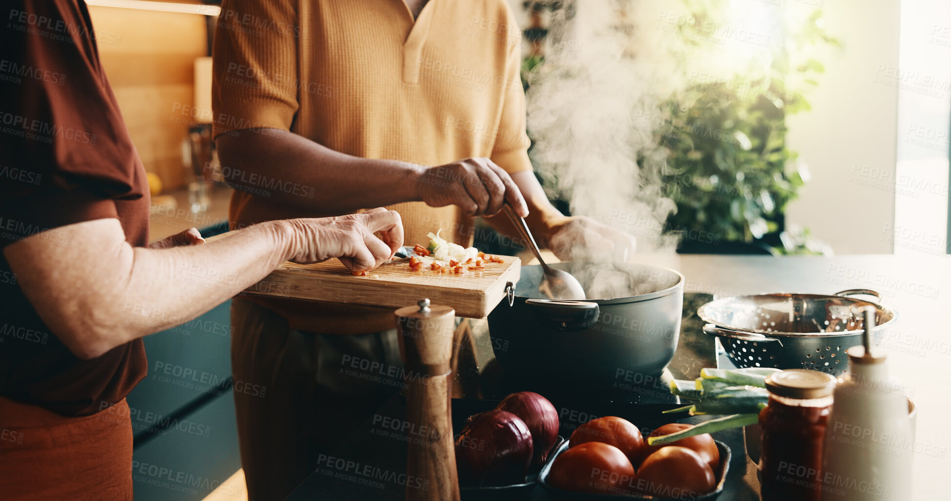 Buy stock photo Kitchen, stove and hands of couple for cooking, cuisine and meal prep for dinner or lunch. Marriage, home and people with knife, vegetables and ingredients for recipe, culinary skills and helping