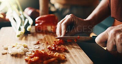 Buy stock photo Kitchen, cutting and hands of couple for cooking, cuisine and meal prep for dinner or lunch. Marriage, home and people with knife, vegetables and ingredients for recipe, culinary skills and help