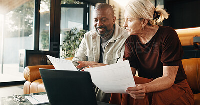Buy stock photo Finance, documents and mature couple with laptop in home for budget report or expenses together. Interracial people, smile or computer with paperwork for financial planning or investment in house
