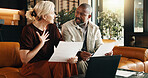 Finance, paperwork or couple with laptop in home for budget discussion or expenses together. Interracial people, computer or explaining responsibility with documents for financial obligation in house