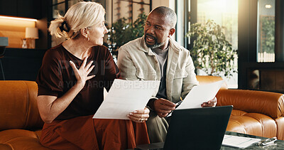 Buy stock photo Finance, paperwork or mature couple with laptop in home for budget discussion or expenses. Interracial people, computer or explaining responsibility with documents for financial obligation in house
