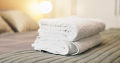Buy stock photo Hotel, empty and towels on bed for accommodation, housekeeping and hygiene at luxury resort. Hospitality, space and bedroom with pillows, duvet and fresh linen for comfort, cleaning and wellness