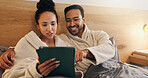 Happy couple, scroll and relax with tablet in bedroom, entertainment and streaming movies on website. Watching, film and people with technology, internet connection and bonding with partner in house