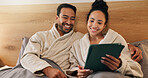 Couple, rest and laughing with tablet in bedroom, entertainment and funny videos on social media app. Streaming, comedy and happy people with tech, internet connection or embrace with partner in home