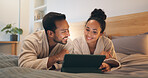 Happy couple, online and relax with tablet on bed, entertainment or streaming film with subscription. Watching, movie and people with technology, internet connection and bonding with partner in house