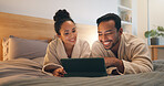 Happy couple, online and relax with tablet on bed, entertainment or streaming film with subscription. Watching, movie and people with technology, internet connection and bonding with partner in house