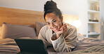 Resting, home and happy woman with tablet on bed, reading and ebook subscription in bedroom at night. Evening, reader and person with tech for story, internet connection and novel download in house