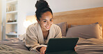 Chilling, home and happy woman with tablet on bed, reading or ebook subscription in bedroom at night. Evening, reader and person with tech for story, internet connection and novel download in house