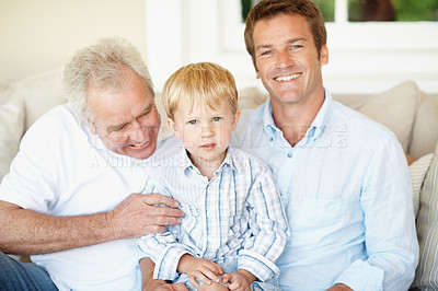 Buy stock photo Happy, dad and grandpa with child on couch, bonding and connection with grandchild and love in home. Family, generations and people with smile for kid, portrait and fathers day celebration in house
