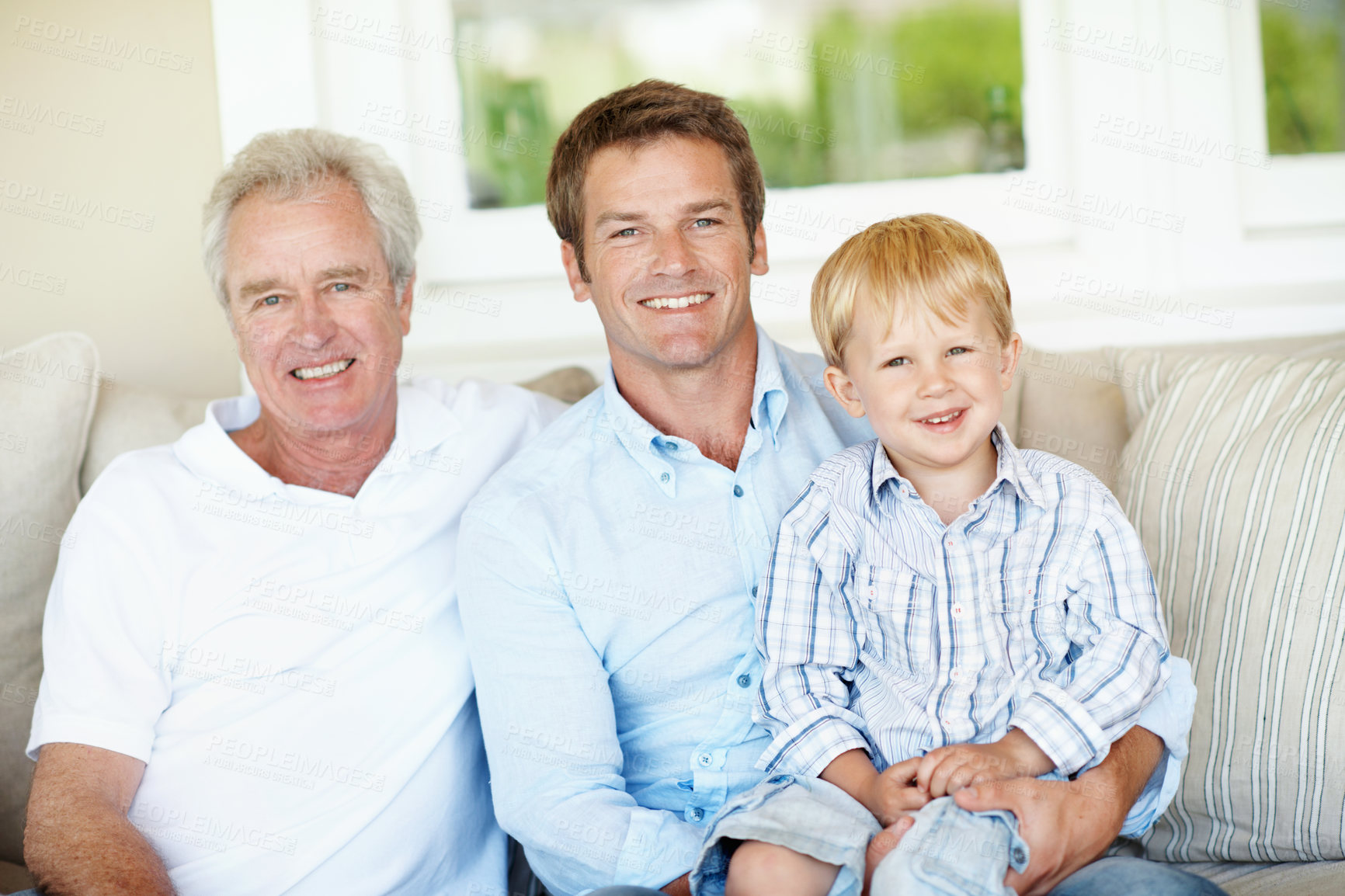Buy stock photo Happy, portrait and grandpa with dad and child for love, bonding or relax together on weekend. Generations, family home and boy with senior man, parent and smile for relationship, care or fathers day