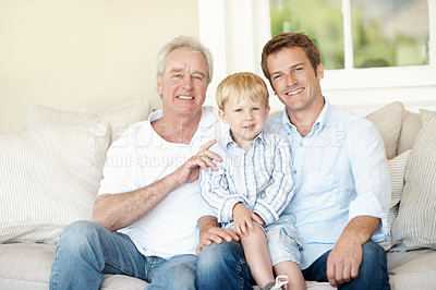 Buy stock photo Family, portrait and grandpa with child on sofa, generations or connection with grandchild in lounge. Senior man, love and people with smile for kid, support and fathers day celebration in house