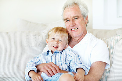 Buy stock photo Happy, portrait and grandpa with child on sofa for bonding, relationship and visit on weekend. Family, relax and senior man with boy on couch for connection, support or affection in home together