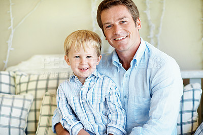 Buy stock photo Happy, portrait and dad with child on sofa for bonding, relationship and love for fathers day. Family, smile and man with kid on couch for connection, support and relax together on weekend in home