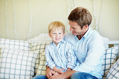 Buy stock photo Happy, portrait and dad with son on sofa for bonding, relationship and connection for fathers day. Family, smile and man with kid on couch for affection, support and relax together on weekend in home