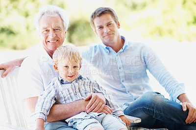 Buy stock photo Portrait, father and grandparent with boy in park for love, summer trip or bonding together. Family, dad and grandfather with child in nature for connection, weekend break and vacation or holiday
