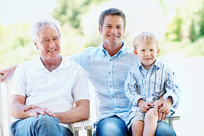 Buy stock photo Grandfather, dad and boy in backyard for portrait, bonding and relax together on weekend. Generations, family and child with senior man, father and happy for relationship, support and smile outdoor