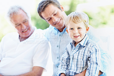 Buy stock photo Grandparent, father and boy with smile in park for love, summer trip or bonding together. Portrait, family and grandfather with child in nature for connection, weekend break and vacation or holiday