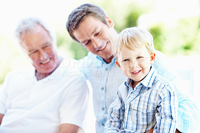 Buy stock photo Grandparent, father and kid with smile in park for love, summer trip or bonding together. Portrait, family and grandfather with child in nature for connection, weekend break and vacation or holiday