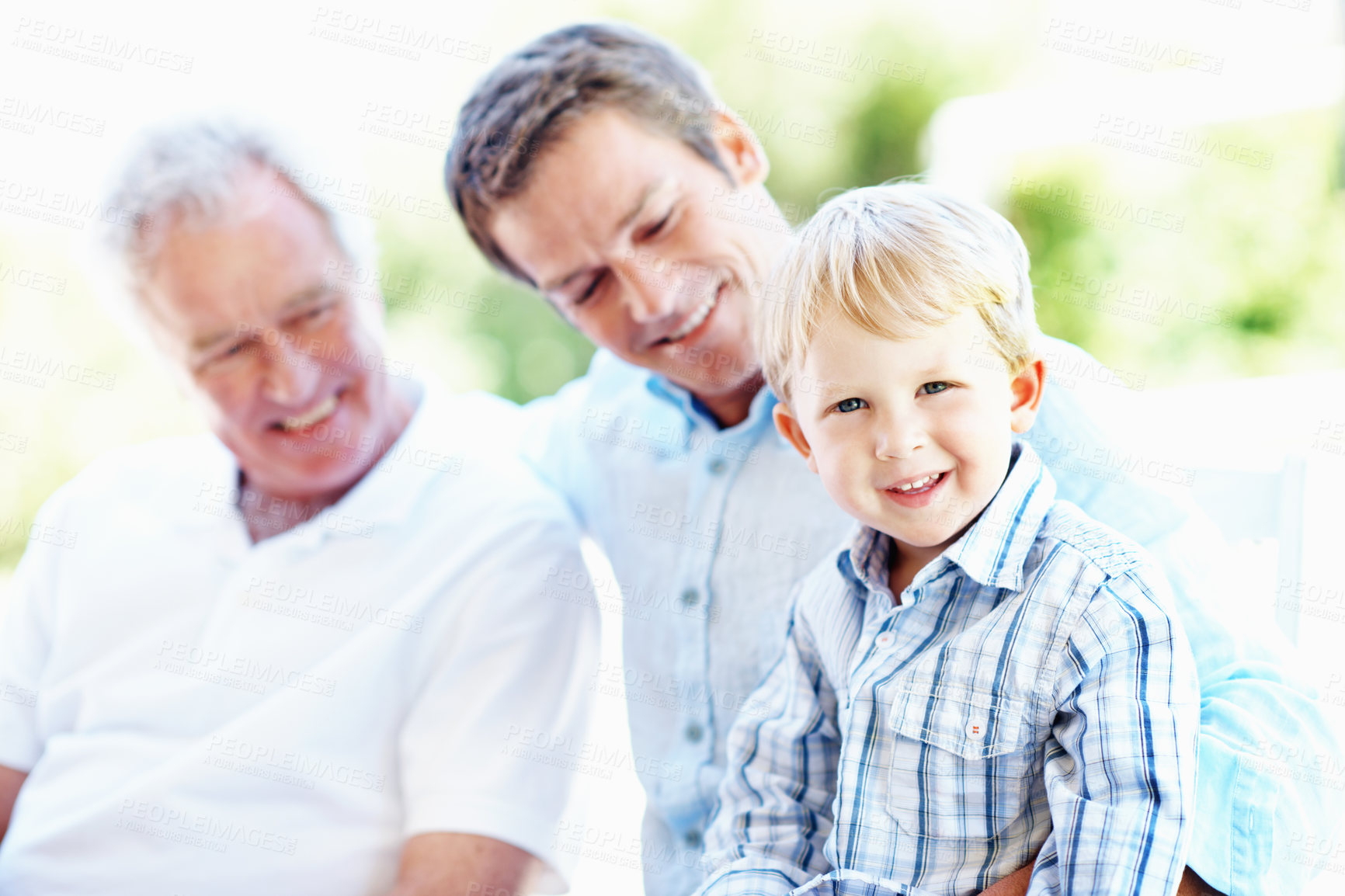 Buy stock photo Grandparent, father and kid with smile in park for love, summer trip or bonding together. Portrait, family and grandfather with child in nature for connection, weekend break and vacation or holiday