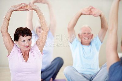 Buy stock photo Coach, stretching and senior people in yoga class for holistic exercise, balance or activity together. Personal trainer, instructor and elderly group with warm up for flexibility, health or fitness