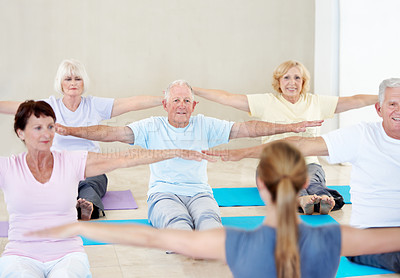 Buy stock photo Back, coach and stretching with old people for yoga, holistic balance and retirement hobby for zen. Trainer, yogi and warm up with senior community for guidance, fitness demonstration and wellness