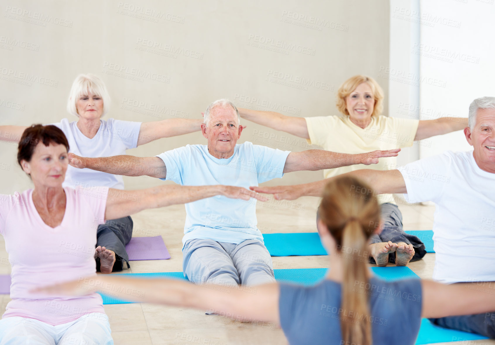 Buy stock photo Back, coach and stretching with old people for yoga, holistic balance and retirement hobby for zen. Trainer, yogi and warm up with senior community for guidance, fitness demonstration and wellness