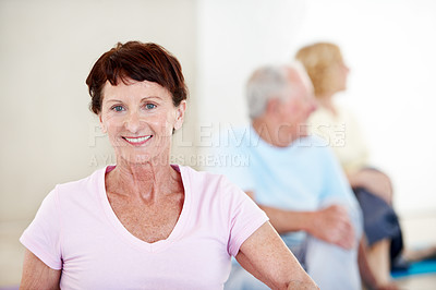 Buy stock photo Portrait, fitness and old woman in yoga class with smile, holistic health and wellness for retirement. Happy, elderly person and group in exercise club with positive attitude, good mood or confidence
