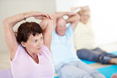 Buy stock photo Fitness, stretching and vision with old woman in pilates studio for activity, health or wellness. Exercise, thinking and warm up with senior person in gym class for flexibility, mobility or training