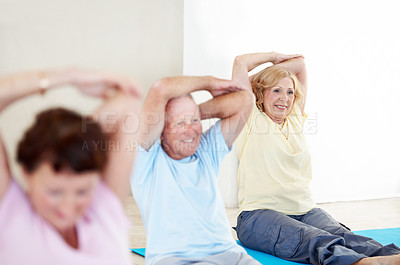 Buy stock photo Fitness, yoga or old woman with stretching in class for physical mobility, start exercise or health. Studio, senior person and group with arm warm up for active retirement, muscle wellness and happy