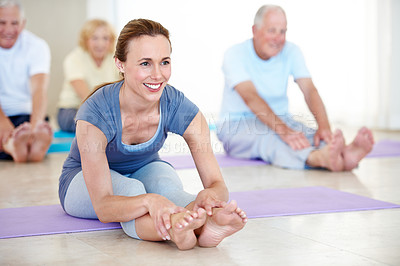 Buy stock photo Old people, stretching and happy with personal trainer in gym, physical activity or workout routine. Elderly group, wellness and exercise with instructor, smile and warm up for fitness in class